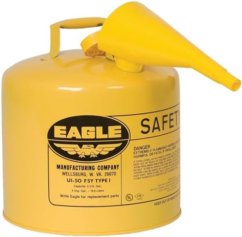 Eagle 5 Gallon Type I Yellow Safety Gas Can for Diesel | Flame Arrester, Self-Closing Lid, and F-15 Funnel, Made in the USA