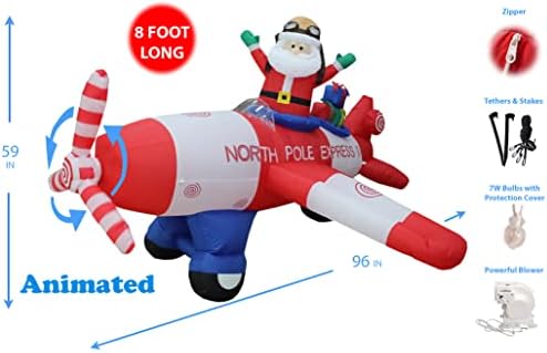 8 FT Animated Christmas Inflatable Santa Claus Flying Airplane | Outdoor Yard Blow Up Decoration, Bright LED Lights, Built-in Blower