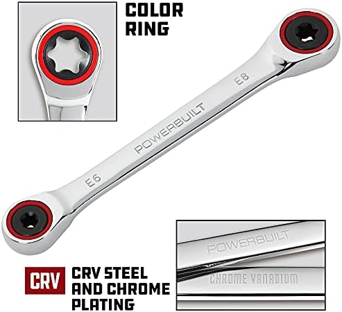 Powerbuilt E10/E12 Ratcheting Double Box-End E-Torx E-Star Wrench, 72-Tooth Ratcheting Wrench with 5-Degree Swing for Tight Spaces - 641760