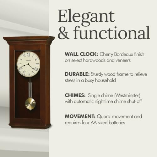 Howard Miller Continental Wall Clock – Westminster Chime, Brass Pendulum, Roman Numerals, Automatic Night Shutoff, Wood Finish