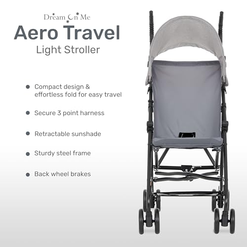 Dream On Me Aero Travel Umbrella Stroller, 1-Hand Fold, Lightweight, Black | 3 Point Safety Harness, Dual Brakes, Adjustable Removable Canopy, Sturdy Steel Frame, Compact, For Toddlers 6-36 months