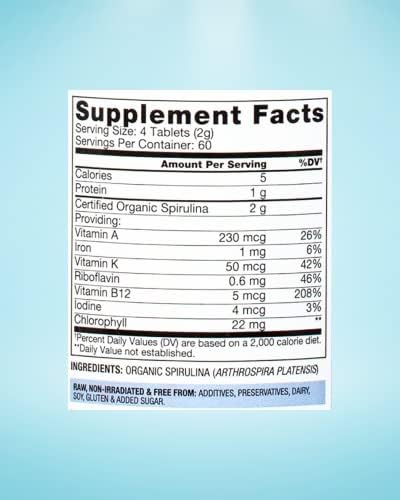 Organic Spirulina Tablets - 120 Tablets | Organic, Non-GMO, No Additives or Fillers - 500mg Premium Quality Dietary Supplement with Vitamins, Minerals, & Antioxidants