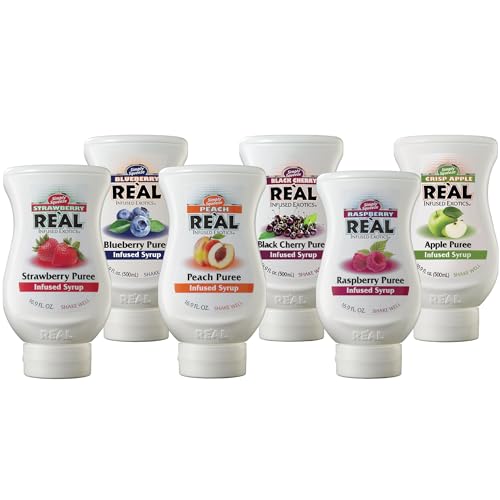 Reàl Infused Exotics Fruit Syrup Variety, 16.9 fl oz, 6 Pack | Strawberry, Raspberry, Peach, Blueberry, Black Cherry