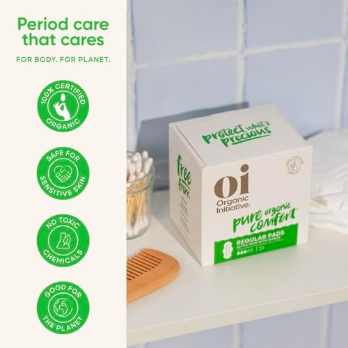 Oi | Organic Initiative - Ultra Thin Pads with Wings, 20 Count (10 Regular/10 Super) | 100% Certified Organic Cotton Pads, Unscented | Leak Free, Biodegradable Thin Pads for Women | Non-GMO, Non Toxic