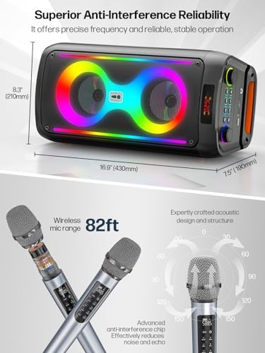 Karaoke Machine with 2 Wireless Mics, Portable Speaker for Party & Outdoor