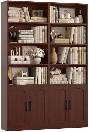 Bookshelf and Bookcase with Doors, Double Wide Large Bookshelves | Industrial Open Display Shelves 6 Tier, 73'' Tall Bookshelf with Storage Cabinets for Office,Home, Living Room, Library,White