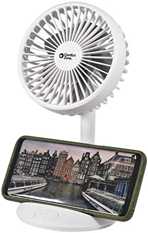 Comfort Zone Rechargeable Fan with Wireless Charger, 4 inch, USB Chargeable Lithium Battery, Adjustable Tilt, Powerful & Portable, Cooling & Charging