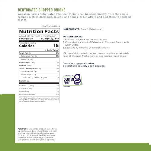 Augason Farms Dehydrated Chopped Onions Can | Emergency Food Supply, 130 Servings, 25 Year Shelf Life, Great for Cooking and Baking, Dehydrated Meals