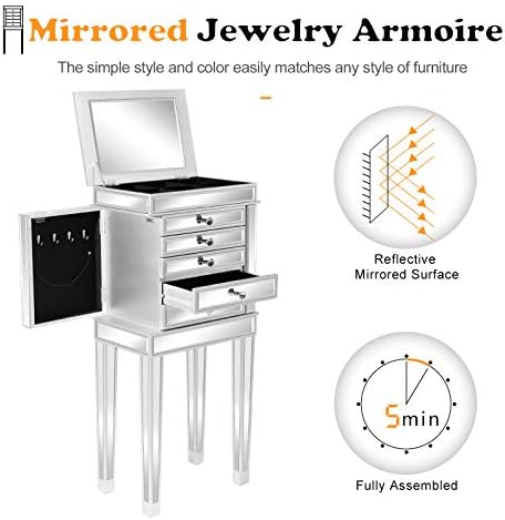 VINGLI Mirrored Jewelry Armoire, Mirror Jewelry Cabinet Standing with 6 Drawers & 2 Side Doors, Jewelry Armoire Cabinet, Standing Jewelry Box