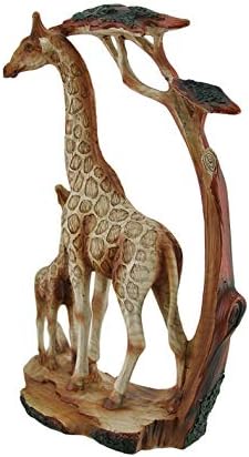 Zeckos Giraffe Family Carved Wood Look Resin Statue | 12 In. Tall, Hand-Painted Brown Finish, 8.5 In. Long X 3 In. Deep