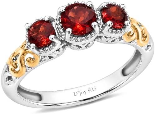 3 Stone Garnet Ring Silver with 14K Gold Plating January Birthstone Ring