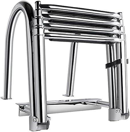 4-Step Pontoon Boat Ladder, 316 Stainless Steel Folding Telescoping Inboard Ladder with Hand Railing and Extra Wide Steps