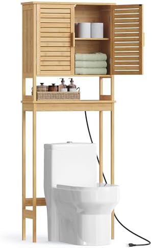 SONGMICS Bamboo Over The Toilet Storage Cabinet, Adjustable Inside Shelf