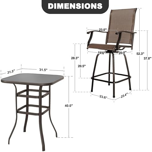 NUU GARDEN 3 Piece Patio Bar Set, All Weather Mental Textilene High Stools Set Outdoor Swivel Bar Chair Set of 2 and High Silk Screen Glass Bar Table