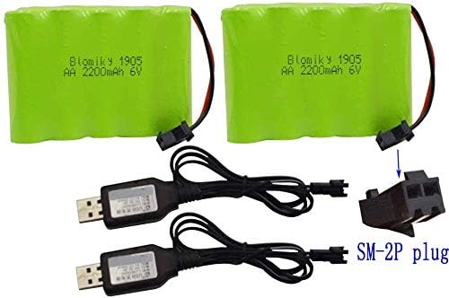 Blomiky 2 Pack 6.0V 2200mAh NiMH Rechargeable Battery with SM-2P Black 2 pin Plug and USB Cable fit for RC Car Vehicles Trucks 6V NiMh 2