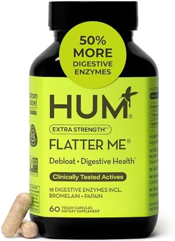 HUM Flatter Me Digestive Enzymes, Digestion & Bloating Support, 60 Count | 18 Digestive Enzymes, Ginger, Peppermint & Fennel, Women & Men, Vegan, Non-GMO, 60 Capsules