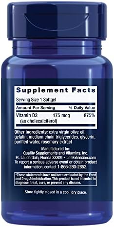Life Extension Vitamin D3 175 mcg (7000 IU), Immune System Support, Bone Health, Brain Performance, Gluten-Free, Non-GMO, Once Daily, Two-Month Supply