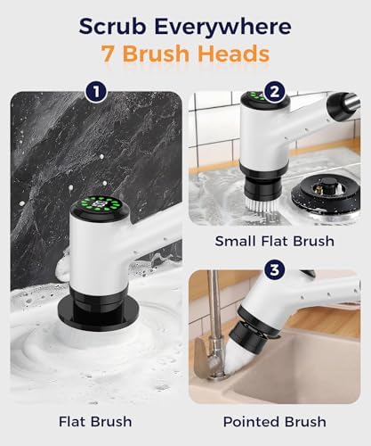 6-in-1 Cordless Electric Spin Scrubber with Long Handle | Power scrubber, bathroom scrubber, 47.2 in long handle, 2 speed scrub brush, IPX7 rated body, kitchen, tile, tub, floor