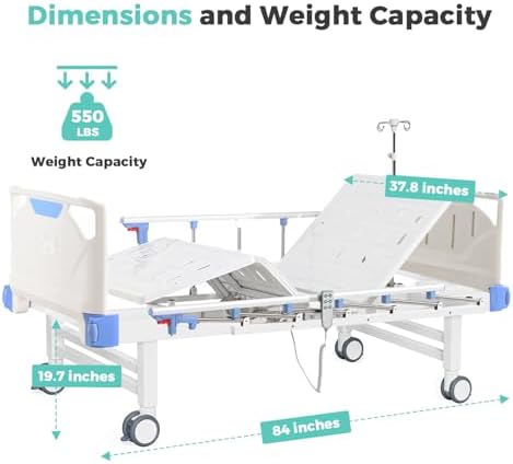 Premium 3 Function Full Electric Hospital Bed,Adjustable Medical Bed | 550LBS,4.7" Waterproof Mattress,Adjustable Height,One-Click CPR,Iv Pole,Germany Moter for Home Use Hospital Nursing Clinic