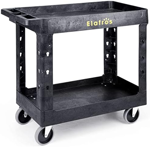 2-Tier Utility Rolling Cart, 34 x 17 in, 5" Swivel Wheels, 550lb | Deep Tub Shelves, Plastic Service Cart, Work Cart, Tool Cart, Tub Storage Organizer