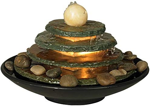 Pyramid 10" High Feng Shui Ball Lighted Table Indoor Small Fountain | Zen Modern Decor Slate Stone Tabletop with Light Waterfall Rock Water Feature for Desk Relaxation Bedroom Living Room