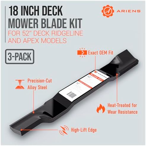 Ariens 3 Pack Alloy Steel 18-Inch Replacement Mower Blades for 52-Inch Deck RIDGELINE and APEX Models, for Enhanced Cutting Efficiency