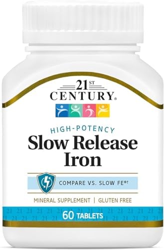 21st Century Slow Release Iron 45mg Tablets, Gentle on Stomach, 60 Count | High-Potency Ferrous Sulfate, Compare VS. Slow FE® & Healthy Red Blood Cells, Gluten Free, No Added Yeast, For Women & Men