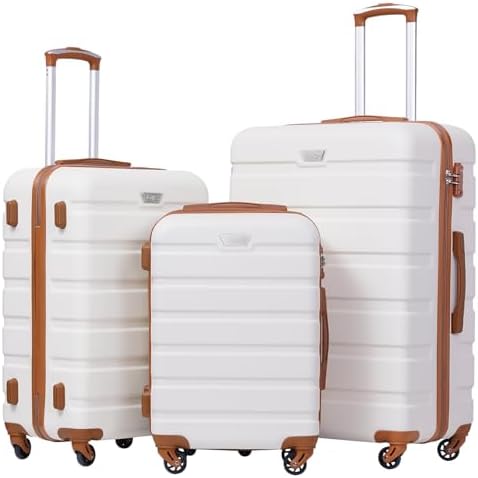 Coolife Luggage Set, Lightweight Durable Hardshell, 3 piece, Apricot White | suitcase set with 360° Spinner Wheels, TSA-approved Lock