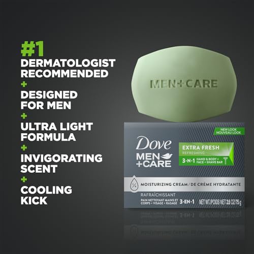 Dove Men+Care Extra Fresh Body and Face Bar Soap, 12 Bars (3.75 Oz Ea) + 1 Bonus Bar (2.6 Oz), 3-in-1 Moisturizing Soap for Body, Face, and Shaving