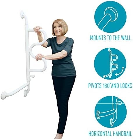 Stander Curve Grab Bar with Handrail, Bathroom Security Assist Railing for Toilet, Shower, and Bathtub Aid, Rotating Safety Handle