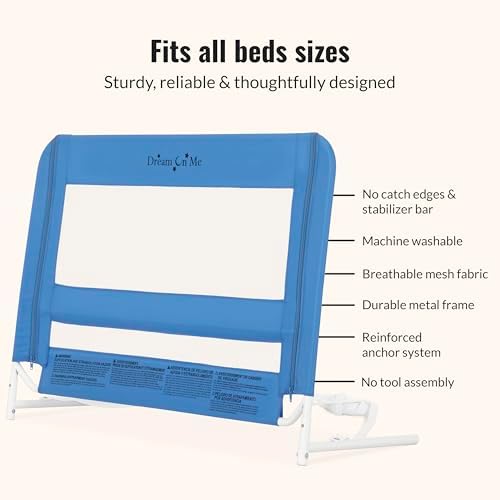 Dream On Me Mesh Security Bed Guard Rail for Toddlers 2–5 Years, Fits Twin–King Beds, Reinforced Anchor System, 2 Adjustable Heights, Blue