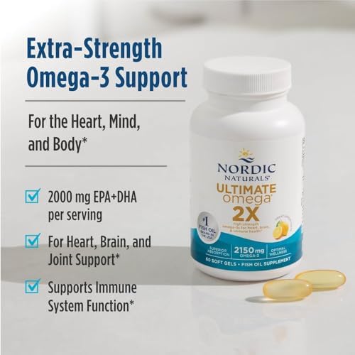 Nordic Naturals Ultimate Omega 2X, 2150mg Fish Oil, Lemon - 60 Count | High-potency 2X formula with EPA & DHA for brain & heart health. Non-GMO soft gels. 30 servings.