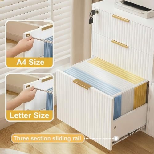 3 Drawer Fluted Mobile Filing Cabinet with Lock, Lateral Rolling Under Desk File Cabinet, Wooden Printer Stand Table for Home Office Essentials Storage Organization Furniture Letters/A4(Oak)
