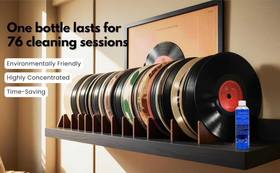 Multiple vinyl records stored on a shelf, with iSonic Vinyl Cleaning Solution