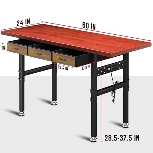 60in Adjustable Height Workbench Desk with Drawers,Power Outlets, Rubber Wood Top Heavy-Duty Work Table, 2000 LBS Load Capacity Work Station for Garage, Workshop, Office, Home