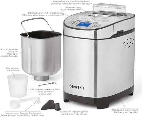 Starfrit Electric Bread Maker, 2lb, 13 Programs, Auto Dispenser, 550W