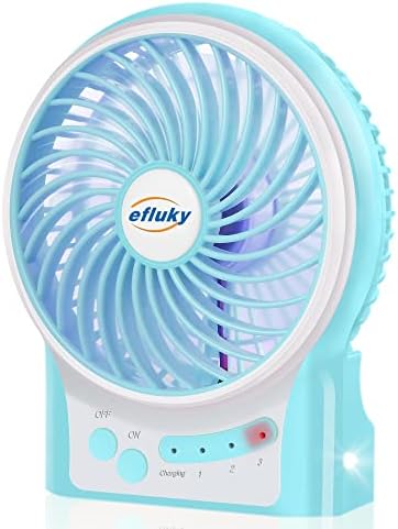 efluky 4.9-Inch Mini Desk Fan - 3 Speeds, Rechargeable Battery/USB Powered with LED Light, Quiet Portable Fan for Home, Office, Travel, Camping (Black)