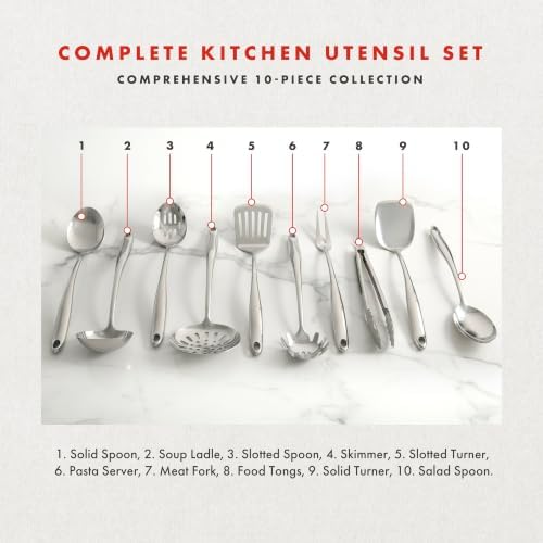 Emeril Lagasse 10-Piece Stainless Steel Utensil Set – Premium 304 Mirror Finish Cooking Tools with Hanging Loops – Heat Resistant