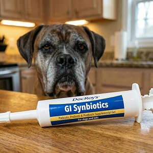 Dog looking at Doc Roy’s GI Synbiotics oral gel on a kitchen counter