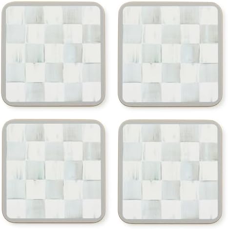 MACKENZIE-CHILDS Square Coasters Set, Black-and-White Courtly Check | Hand-painted design, made from MDF with a cork back, table coasters for drinks, 4" square, set of 4