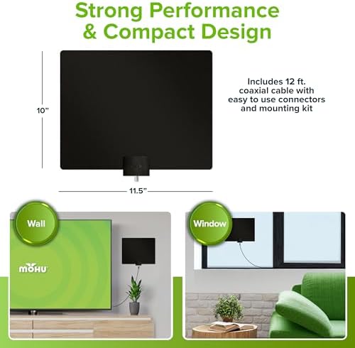 Mohu Leaf Plus Paper-Thin Indoor TV Antenna, Amplified, UHF VHF, 60-Mile Range, Multi-Directional, 4K 8K UHD, NEXTGEN TV - w/ 12 ft. Cable