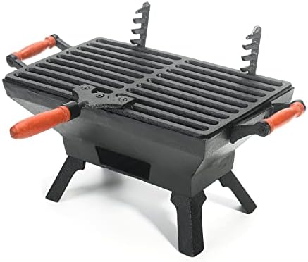 Sungmor Compact Cast Iron Charcoal Grill - Tabletop BBQ Grill with Adjustable Grate & Wooden Handles