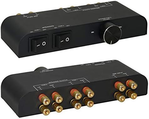 2 Way Speaker Switch, 1 in 2 Out Way Pair Stereo Speaker Selector W/Volume Control Metal Non-Slip Box - Black (61052), 9.0 x 3.25 x 1.5