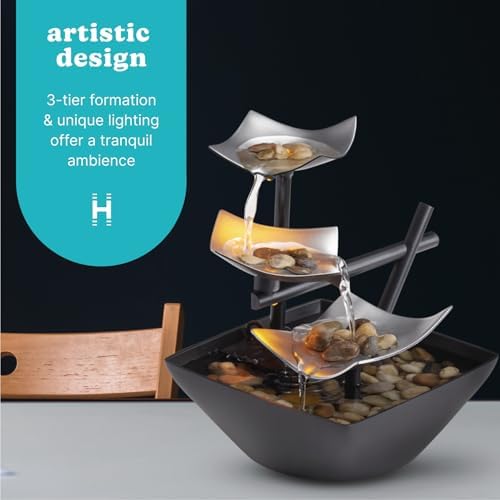 Homedics Tabletop Water Fountain, Home Décor Soothing Sound Machine | Automatic Pump, Deep Basin & Natural River Rocks. Indoor Zen Relaxation for Office, Living Room, or Bedroom, 8.25” Tall
