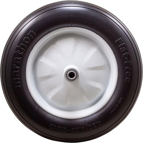 Marathon 4.80/4.00-8" Flat Free Wheelbarrow Tire on Wheel, 6" Centered Hub, 5/8" Ball Bearings, Ribbed Tread