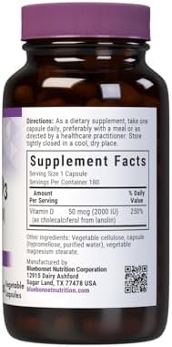 Bluebonnet Nutrition Vitamin D3 2000 IU Vegetable Capsule, Aid in Muscle and Skeletal Growth, Cholecalciferol from Lanolin, D3, Non GMO, Gluten Free