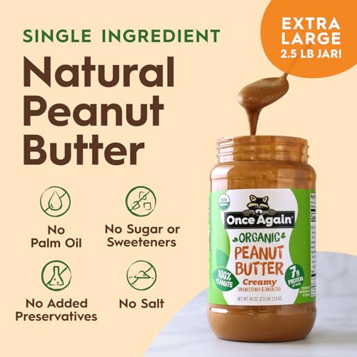 Once Again Organic Creamy Peanut Butter No Sugar Added - Single Ingredient, Unsalted, Natural Peanut Butter No Palm Oil - Glass Jar, Non-GMO, Gluten Free - Smooth and Unsweetened - 1 Jar (16 oz) | Unsalted, Natural Peanut Butter No Palm Oil, Glass Jar, N…