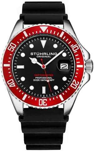 Stuhrling Original Men’s Dive Watch 42mm Stainless Steel, Japanese Quartz Mens Sport Watch, Rubber Strap, Water Resistant to 330 FT, Versatile and Comfort Fit