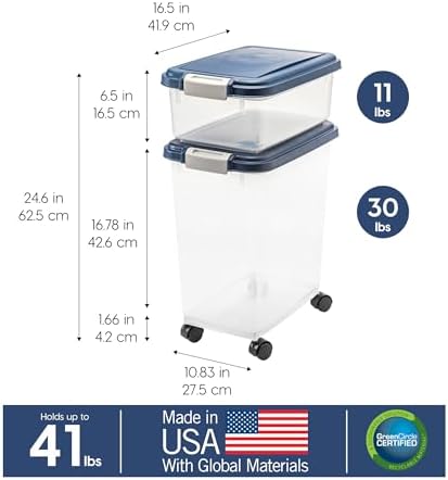 IRIS USA Dog Food Storage Container, Up to 30+11 lbs, Navy, Made in USA | Wheels for Mobility, Airtight Seal, BPA-Free, Best for Bird Seed, Cat food