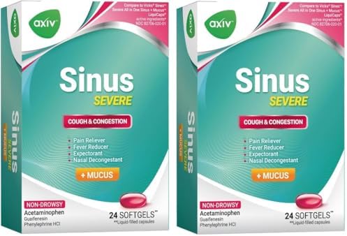 AXIV Sinus Severe + Mucus Relief, Non-Drowsy, Loosens Mucus, Maximum Strength Relief of Pain, Pressure, Congestion, & Headache Ease, 24 Softgels.